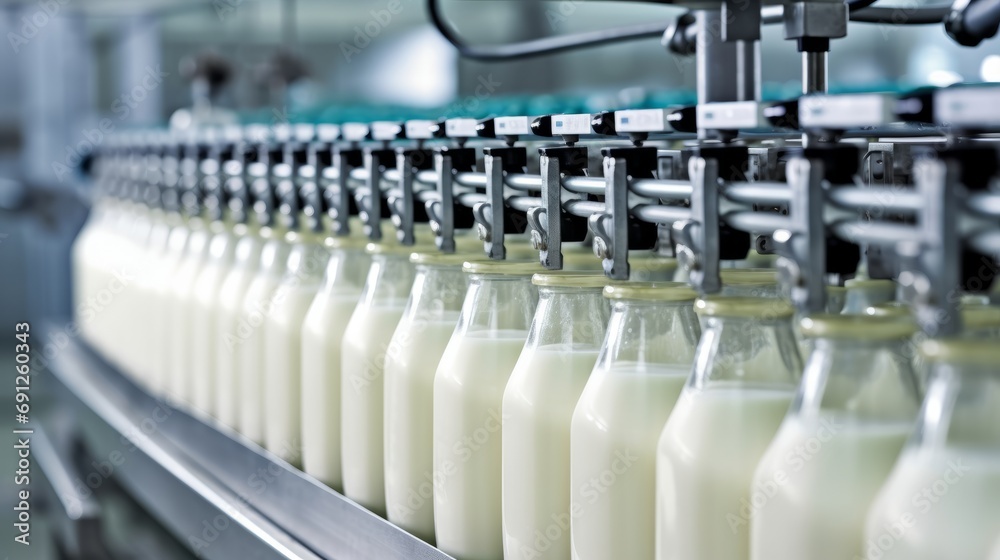 Factory Milk Bottling Line at Dairy Production Plant Glass bottles with a dairy product on a production line Factory Milk Bottling Line at Dairy Production Plant Glass bottles with a dairy product on a production line