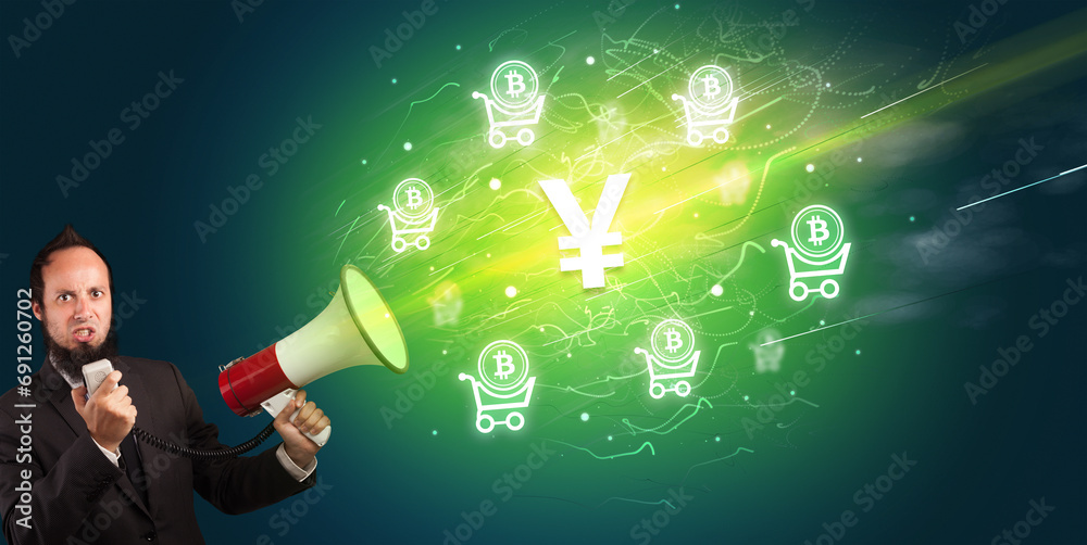 Young person with megaphone and currency icon Young person with megaphone and currency icon