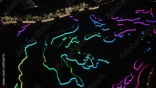 From a height at night, the miniature Indonesian archipelago at Taman Mini Indonesia Indah looks amazing when taken using a drone.  photo