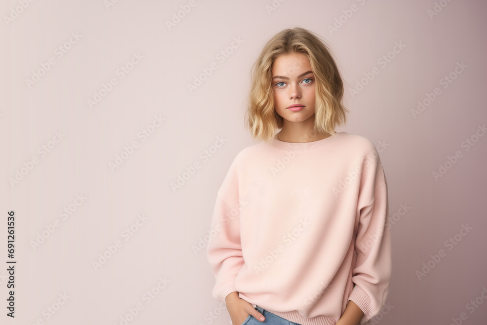 Mockup shirt for design. Portrait of confident young woman wear blank sweater. Mockup shirt for design. Portrait of confident young woman wear blank sweater.