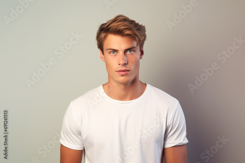 Mockup tshirt for design. Portrait of confident young man in short blonde hair wear blank white T-Shirt. photo