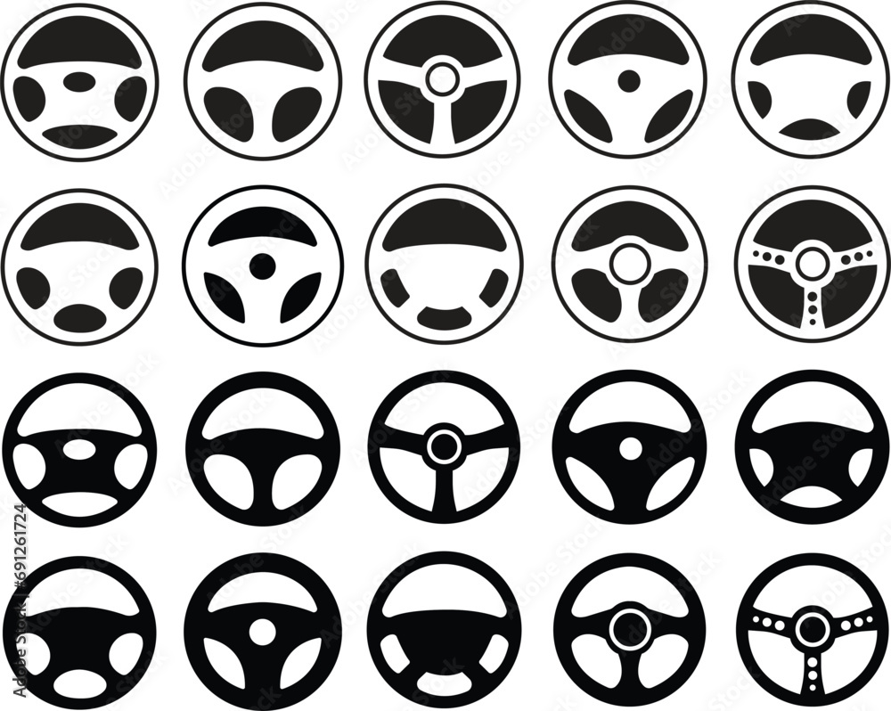 Steering wheel icons Set. Car, auto vectors icons. Automobile, machine, drive symbols. Flat style signs for mobile concept and web designs. Wheels symbols illustrations on transparent background.