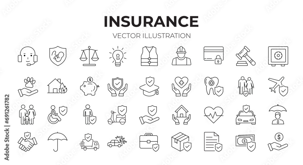 Insurance editable stroke outline Icons set. Health insurance, vehicle, life, medical, home, travel, accident and business. Vector illustration