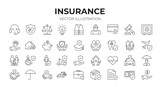 Insurance editable stroke outline Icons set. Health insurance, vehicle, life, medical, home, travel, accident and business. Vector illustration