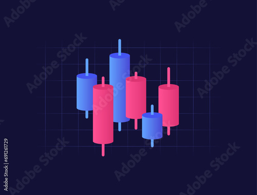 Japanese candlestick icon. Stock market chart, crypto, forex trading graph with modern candlesticks on dark background. Online trading, technical analysis, financial business concept