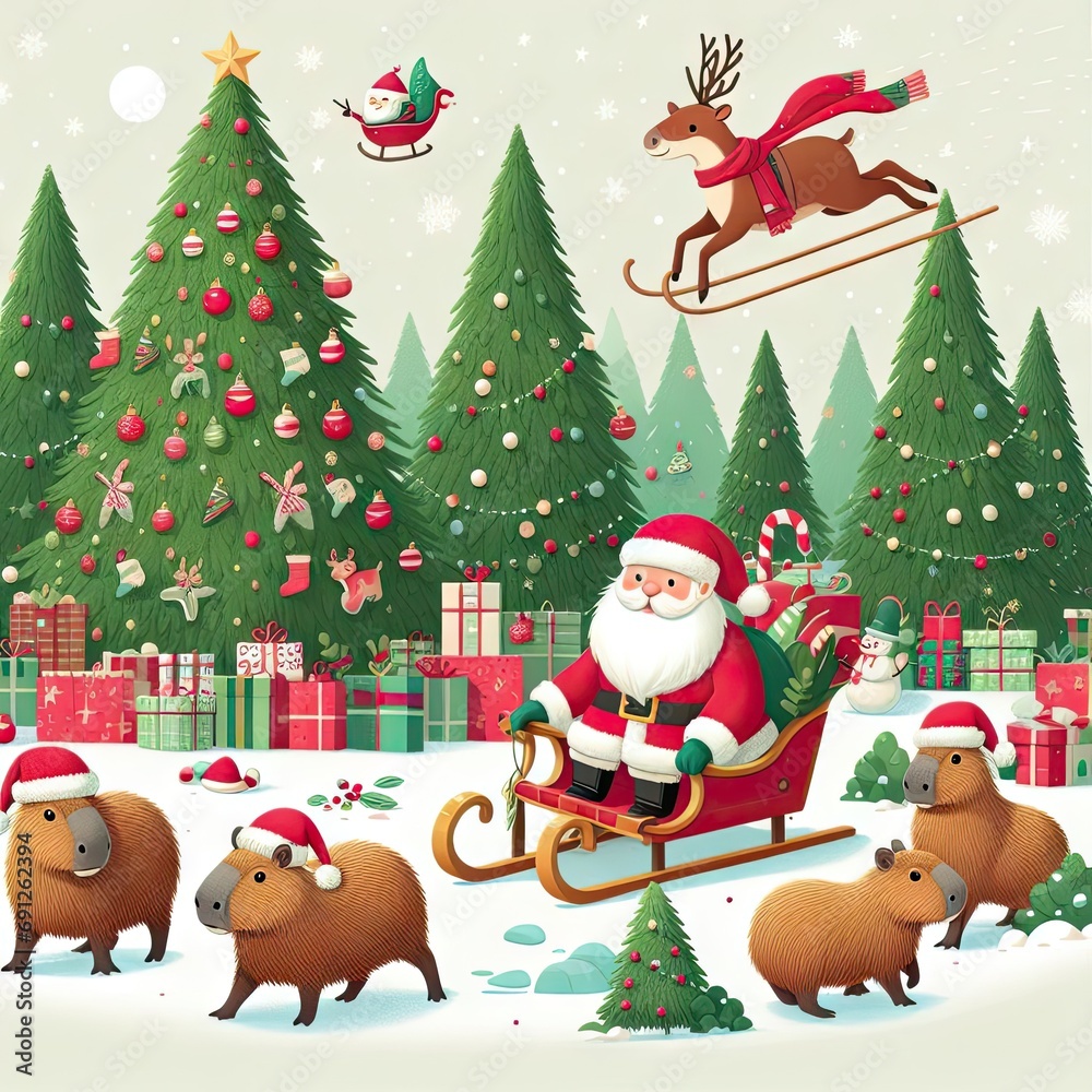 A Christmas illustration with Christmas trees, Santa with capybaras A Christmas illustration with Christmas trees, Santa with capybaras