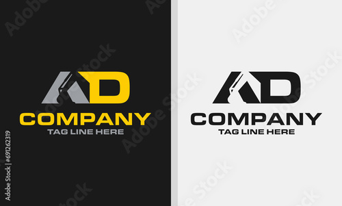 Letter AD excavator logo template vector. Heavy equipment logo vector for construction company. Creative excavator illustration for logo template. 