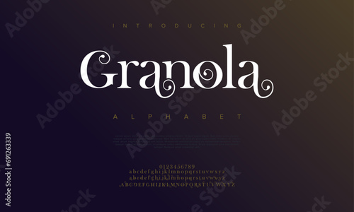 Granola premium luxury elegant alphabet letters and numbers. Elegant wedding typography classic serif font decorative vintage retro. Creative vector illustration