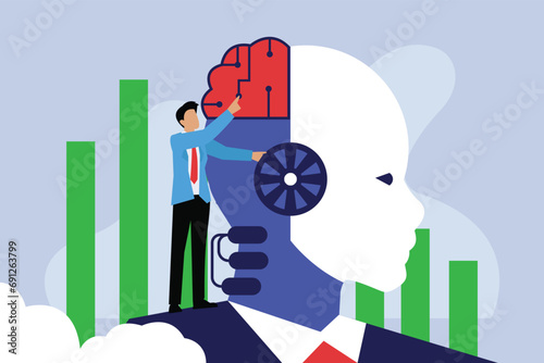 Human develop AI brain in a robot to increase productivity 2d vector illustration concept