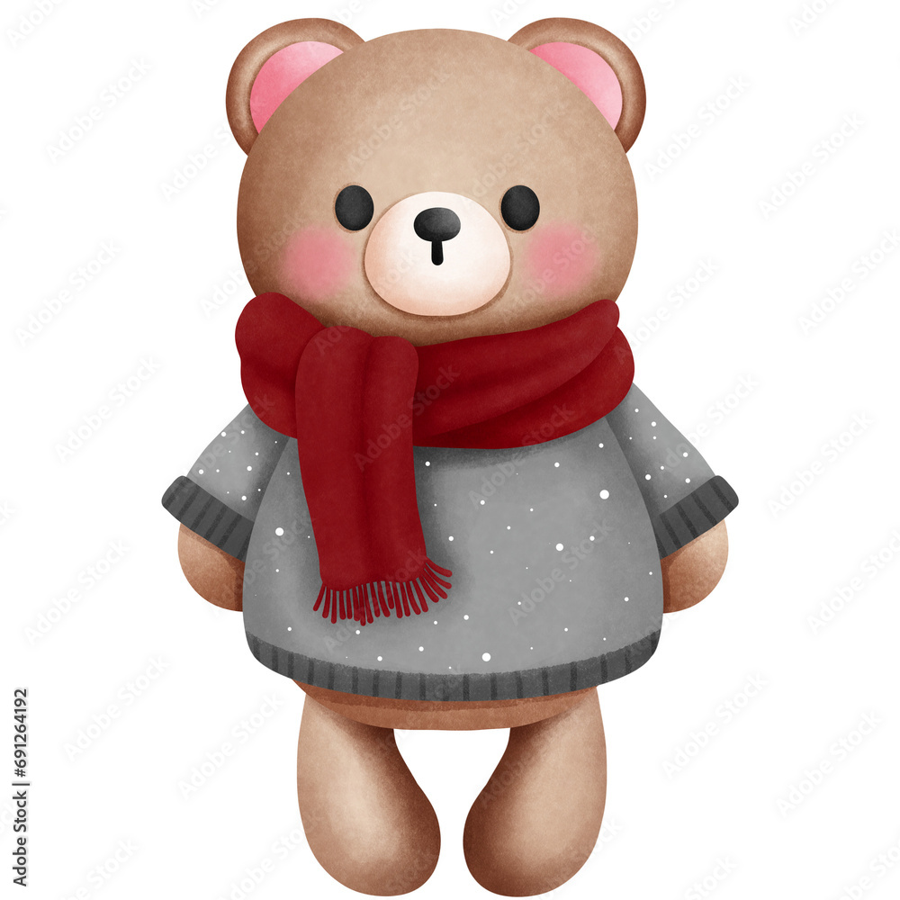 Watercolor cute teddy bear in christmas outfits clipart.Woodland animal watercolor clipart. Watercolor cute teddy bear in christmas outfits clipart.Woodland animal watercolor clipart.