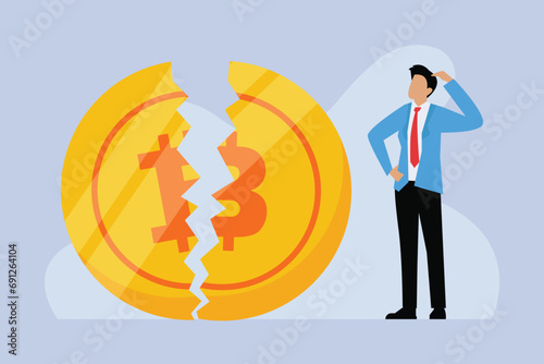 Businessman standing next to cut in half bitcoin - bitcoin halving event 2d illustration vector concept