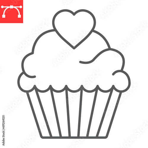 Cupcake with heart line icon  valentines day and sweet  muffin vector icon  vector graphics  editable stroke outline sign  eps 10.