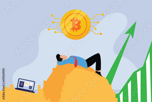 Relaxed businessman lying comfortably on money or bitcoin