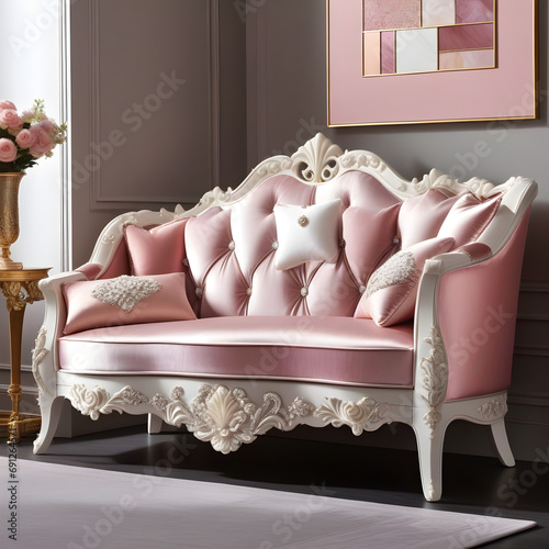 Pink hues, mother-of-pearl, and precious stones in delicate designs express natural beauty, extended to women's furniture for a mysterious, exquisite vibe.(Generative AI)
