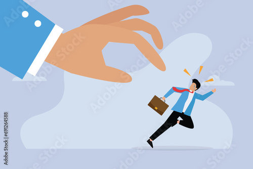 Businessman running being pursued by giant hand 2d vector illustration