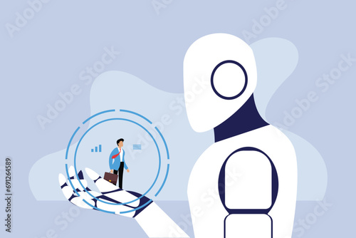 Businessman in robotic hand 2d vector illustration. Collaboration human and robot concept