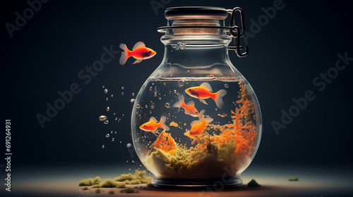 Goldfish in a jar bottle with One Outside. Generative AI.