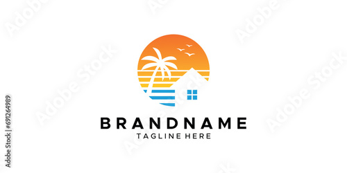 a graphic image with a beach house theme, on a white background. graphic vector base.