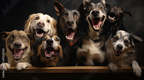 Group of dogs posing in a studio. Generative AI.
