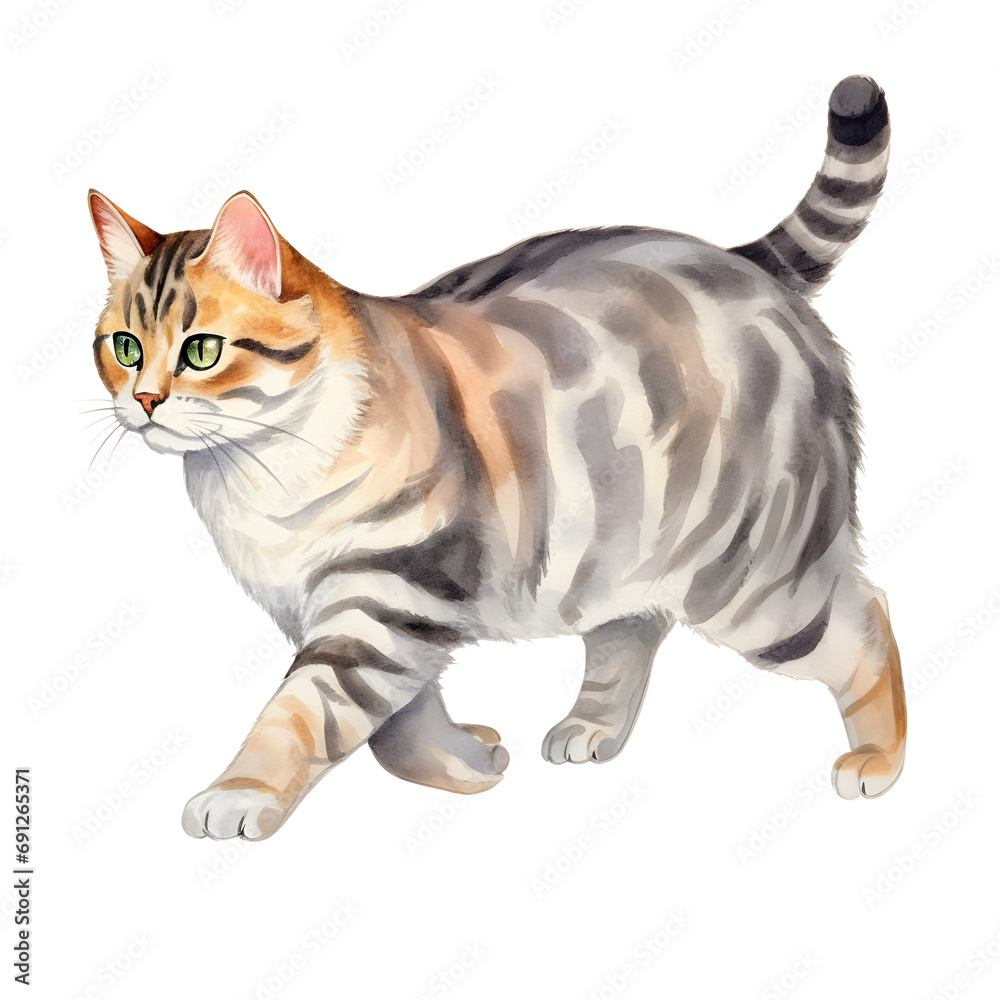 Watercolor Portrait of Tabby Cat Walking
