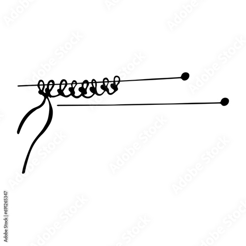Knitting. The process of casting on loops on knitting needles. Loops and knitting needles. Vector illustration in doodle style.