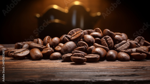 Close-up Coffee Beans on Table. Generative AI.
