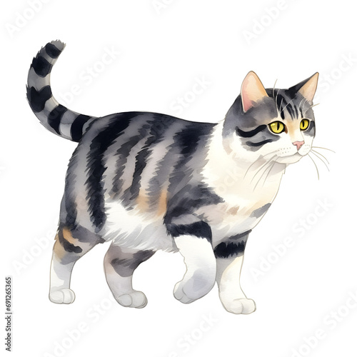 A Watercolor Illustration of a Gray and White Cat Walking on White Background