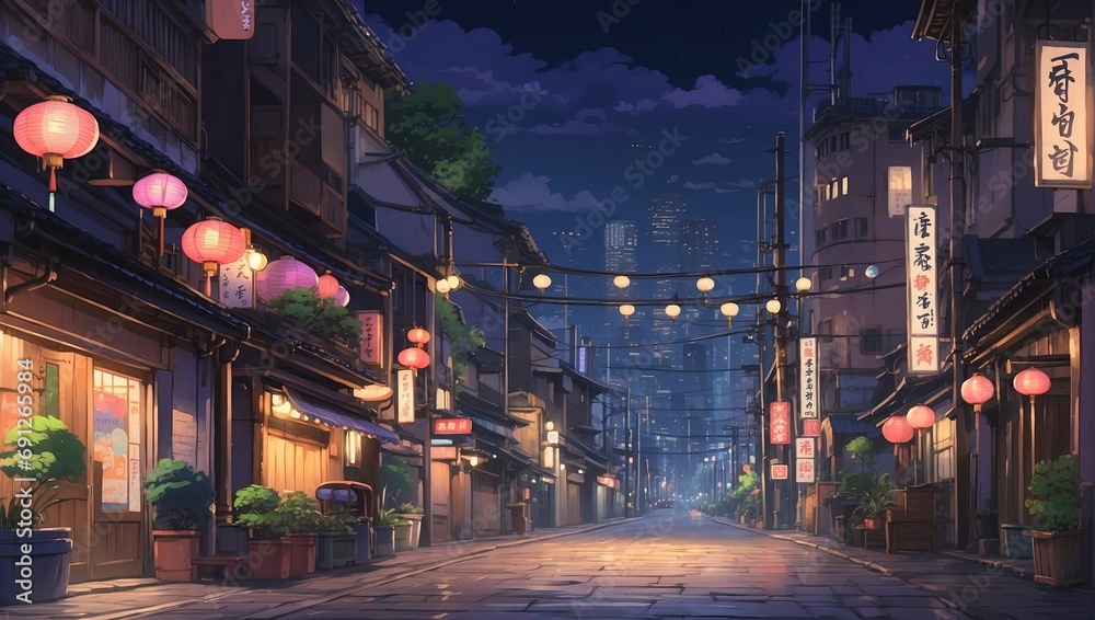 Retro Asian City Street at Night Illustration. Old Traditional Town with Anime Style Concept