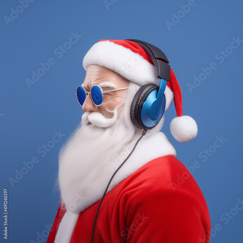 Santa Claus listening to music on headphones, blue background