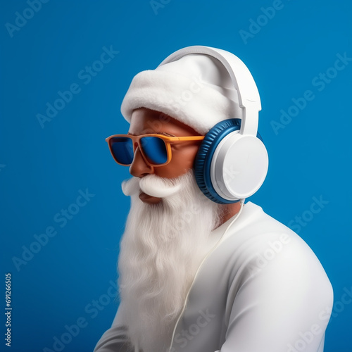 Santa Claus listening to music on headphones, blue background