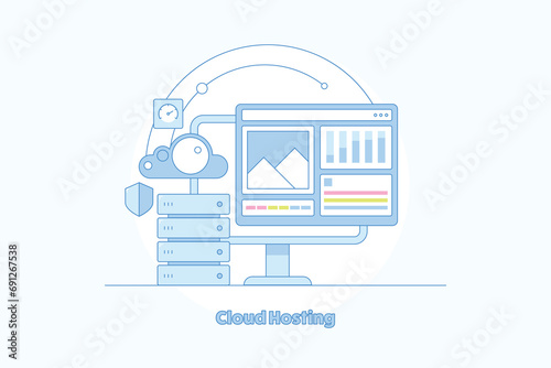 Cloud server hosting service transferring data, digital application, web based cloud computing structure network connection filled outline vector illustration.