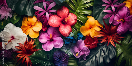   A colorful tropical floral wallpaper with a tropical flower background A beautiful different colorful flower and leaves, pam leaves background and wallpaper AI Generative     
   photo