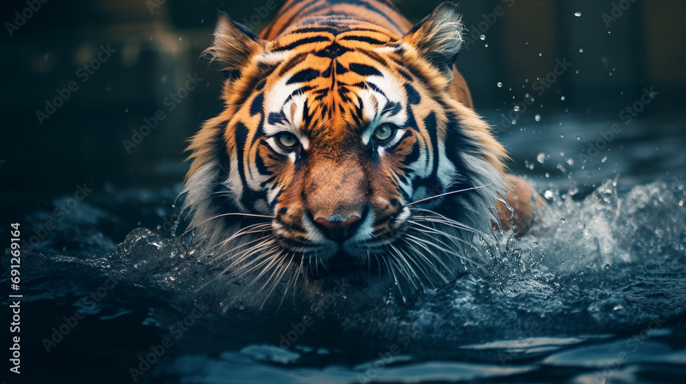 An image capturing a wild tiger in or near water, exhibiting its natural habitat and behavior.