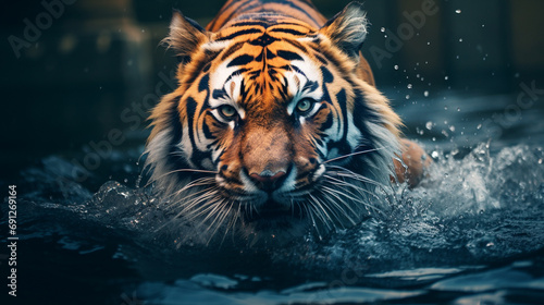 An image capturing a wild tiger in or near water  exhibiting its natural habitat and behavior.