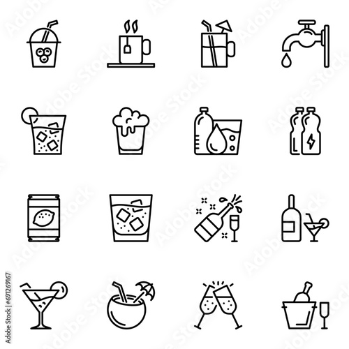 drinks or beverages line icons set. wine, outline, party, graphic, juice, martini, simple, alcohol, pub, restaurant, bar, ice, soda, drinking, champagne, whiskey, cola, isolated, lime, mug, tea, beer