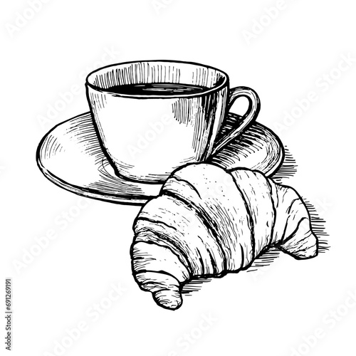 Hand drawn cup of coffee with croissant. Morning breakfast retro engraving vector illustration.
