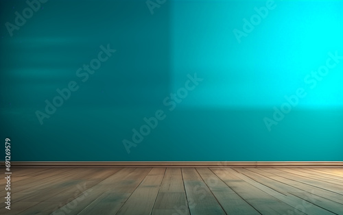 Empty room blue turquoise wall and wooden floor, Use for product presentation. 