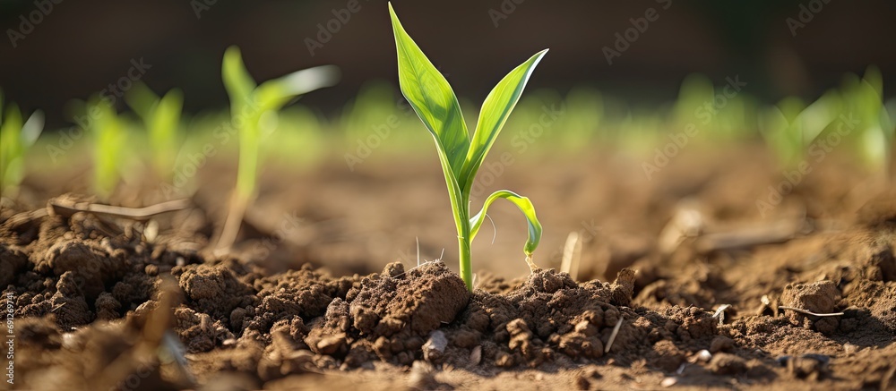 Young maize plants growing in a tough environment due to drought in a corn crop field. - obrazy, fototapety, plakaty 