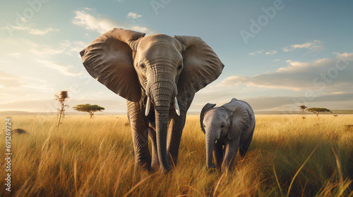 In a field, an adult elephant and a baby elephant roam together, enjoying their natural surroundings.