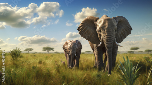 In a field, an adult elephant and a baby elephant roam together, enjoying their natural surroundings.