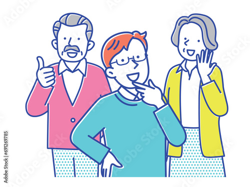 喜んでいるシニア夫婦と息子の3人のイラスト