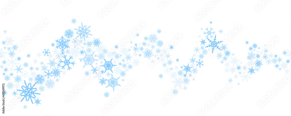 Snowflakes vector background. Winter holiday wavy decor with blue crystal elements. Graphic icy frame isolated on white backdrop. - obrazy, fototapety, plakaty 