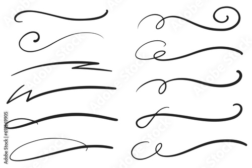 Swashes swoops and swishes calligraphy signs. Underlines hand drawn strokes. Vector symbols set.