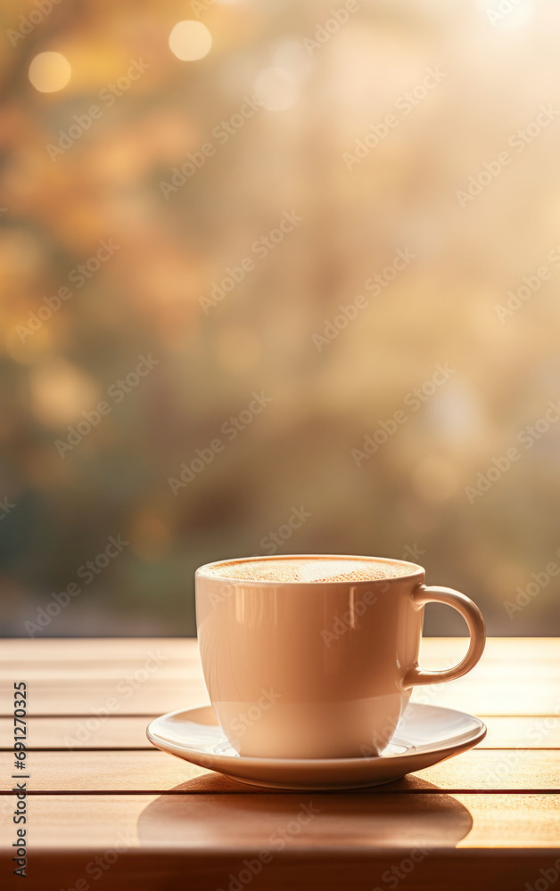 A single, peach-colored coffee cup sits on a windowsill, the morning sunlight casting a warm glow and promising a fresh start to the day A single, peach-colored coffee cup sits on a windowsill, the morning sunlight casting a warm glow and promising a fresh start to the day