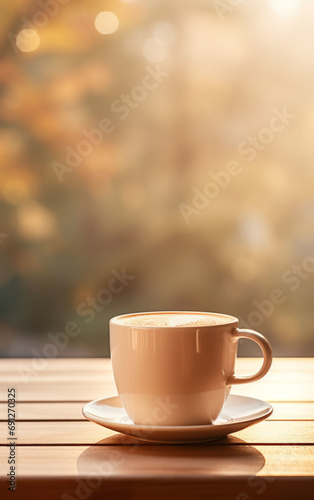 A single, peach-colored coffee cup sits on a windowsill, the morning sunlight casting a warm glow and promising a fresh start to the day