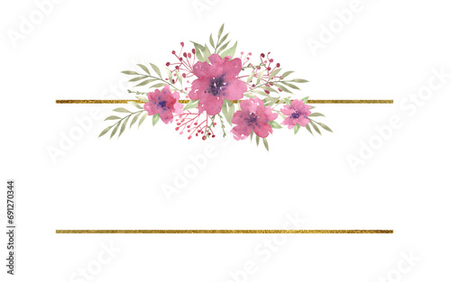 Watercolor floral square frame made of lines with compositions of pink flowers and greenery, frame with golden texture. Hand drawn illustration of botanical template for greeting cards or wedding