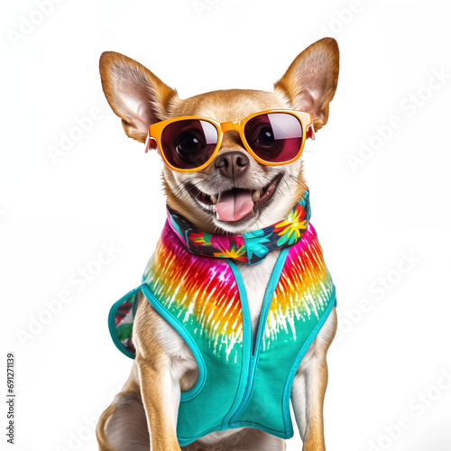 dog in summer costume wearing sunglasses and colorful tank top,