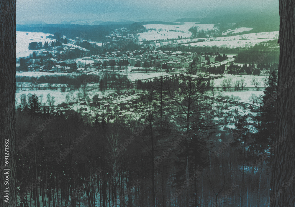 Widok na zimowe miasteczko. Zimowe miasto. Zimowa panorama miasta Szczytna w kotlinie Kłodzkiej. Widok na zimowe miasteczko. Zimowe miasto. Zimowa panorama miasta Szczytna w kotlinie Kłodzkiej.