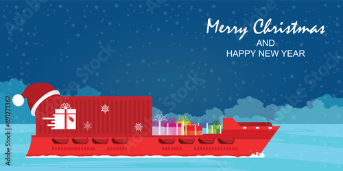 Christmas container cargo ship with gift.