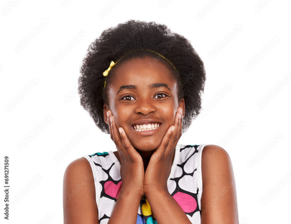 Happy, portrait and young black girl in a studio with positive, good and confident attitude. Sweet, smile and headshot face of gen z African teenager with natural hair isolated by white background. Happy, portrait and young black girl in a studio with positive, good and confident attitude. Sweet, smile and headshot face of gen z African teenager with natural hair isolated by white background.